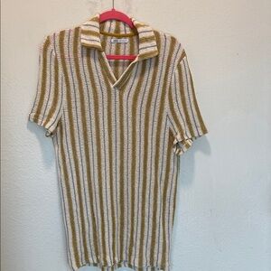 Zara Men's Casual Button Down Shirt in White and Brown Stripes